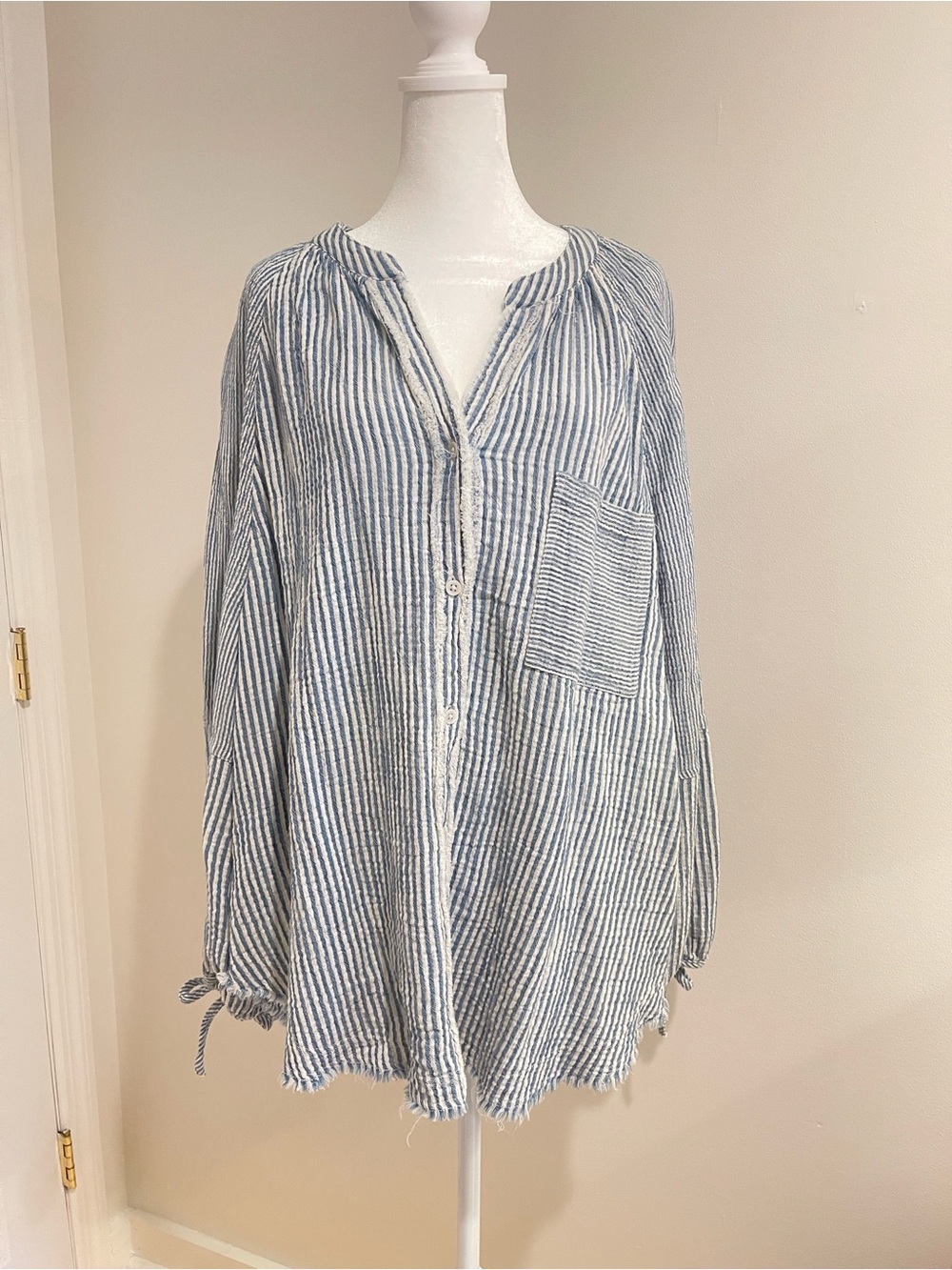 aerie Blue and White Striped Button-Front Shirt